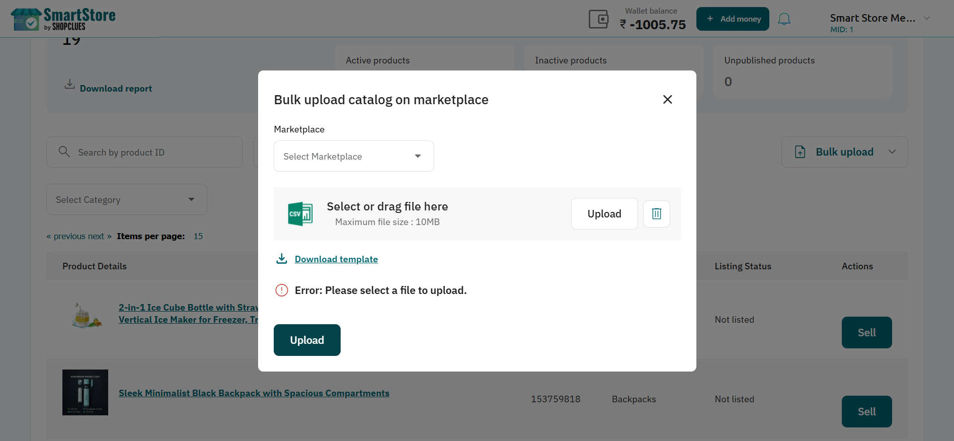 SmartStore bulk-upload workflow for catalog records